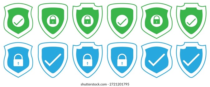Set of security shield icons, security shields logotypes. Shield check mark icon . Protection secure lock vector sign. Shield with check mark icon set.  Safety shield symbols.
