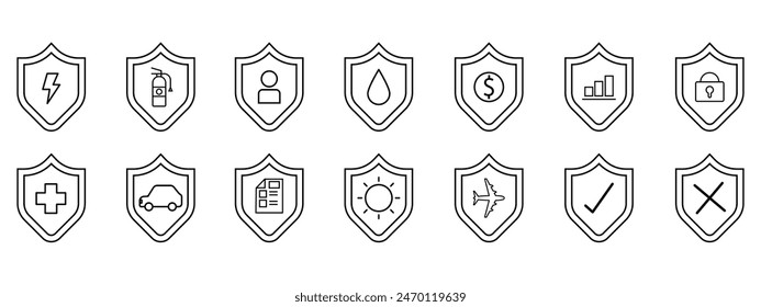 Set of security shield icons, short circuit, fire, life insurance, flood, finance and investment, safety, travel, information, outline vector, protect icon vector illustration.