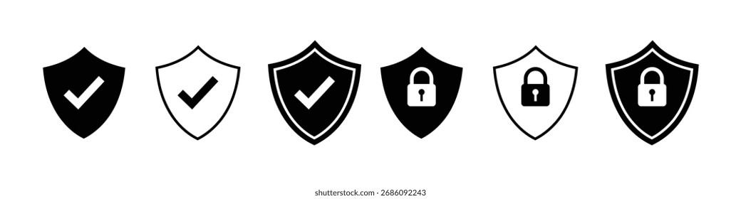 Conjunto de iconos de escudo de seguridad, símbolo de escudo de seguridad con marca de verificación y candado, icono de seguridad de escudo, seguridad, signo de protección. Señal del escudo de seguridad. Ilustración vectorial
