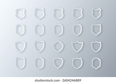 set of security shield outline icons made in white paper cut effect style