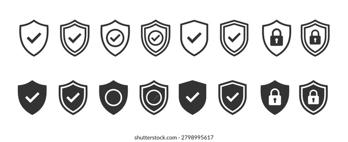 Set of security shield protection icons with check marks and padlocks security protection internet guarantee collection interface minimalist creative pictogram software isolated certified