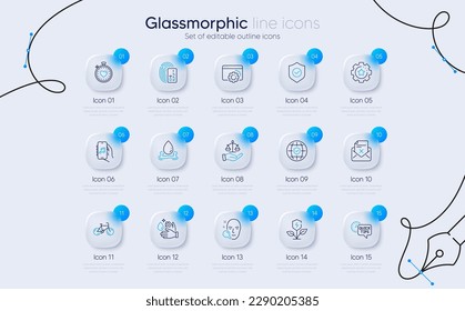 Set of Security shield, Seo gear and Water splash line icons for web app. Global insurance, Wash hands, Justice scales icons. Settings gear, Heartbeat timer, Quick tips signs. Vector