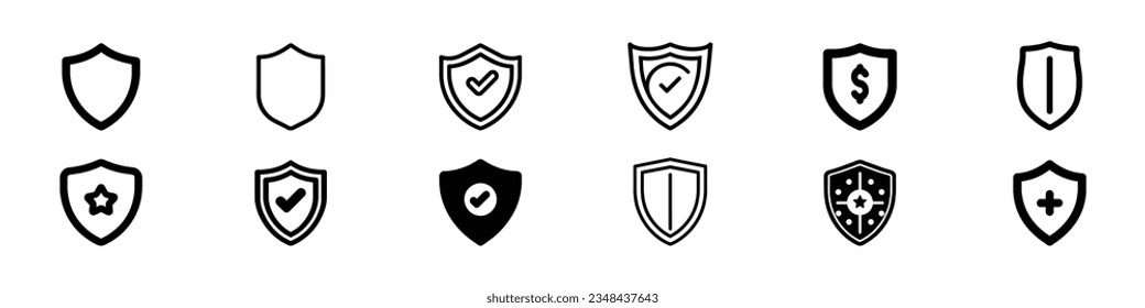 Set of security shields icons, Shield icon. Shield with a checkmark in the middle Protection icons set concept, defense Icon in trendy flat style, Simple filled heater shield icon, shield icon