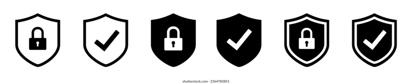 Set of security shields logotypes with check mark and padlock. Icon collection protect shield sign check mark logo icon design template. Vector illustration.