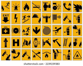 Conjunto de signos de seguridad. Iconos de lucha contra incendios. Señales de extinción de incendios.