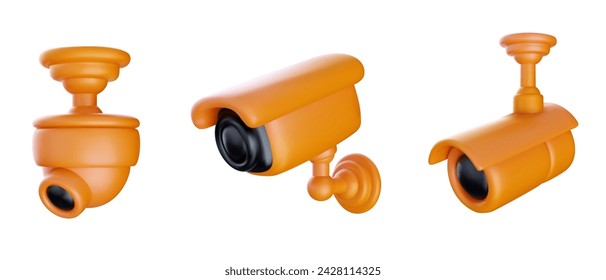 Set security or surveillance camera in bright cartoon 3d style. Cute modern minimal vector illustration.