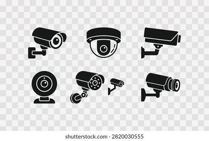 Set of security surveillance camera icons in solid black style, featuring dome, bullet, and indoor web cameras