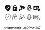 A set of security and surveillance icons including shields, locks, cameras, fingerprints, and ID badges in solid black silhouette and minimalist line art styles on white.