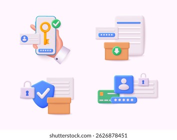 Set of security system object. Login and safe concept. Mobile phone with passcode screen and face recognition app icon. 3D Web Vector Illustrations.