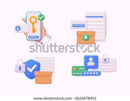 Set of security system object. Login and safe concept. Mobile phone with passcode screen and face recognition app icon. 3D Web Vector Illustrations.