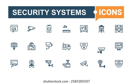 Set of Security Systems line icons. Contains related to car, camera, guard, privacy, computer and more. Icons for design. Solid line editable vector illustration.