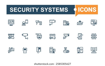 Set of Security Systems line icons. Contains related to car, camera, guard, privacy, computer and more. Icons for design. Solid line editable vector illustration.