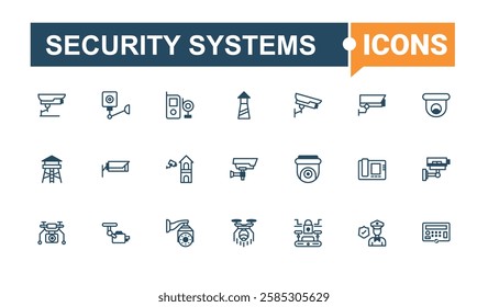 Set of Security Systems line icons. Contains related to car, camera, guard, privacy, computer and more. Icons for design. Solid line editable vector illustration.