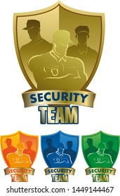Set of security team on shield background. Vector elements for emblem of security agency, certificate, diplom, pennant, poster design
