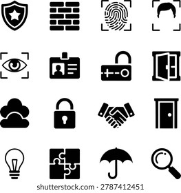 Set of security technology and protection icons featuring shields locks fingerprint scans and surveillance symbols