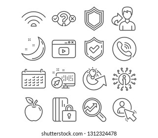 Set of Security, User and Quiz test icons. Wifi, Analytics and Calendar signs. Share idea, Blocked card and Video content symbols. Protection shield, Project manager, Select answer. Vector