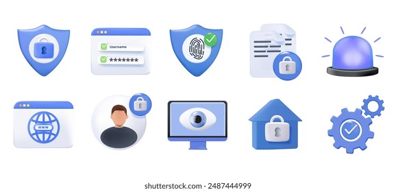 Conjunto de iconos web de seguridad en estilo 3D. Protección, seguridad cibernética, Contraseña, hogar inteligente, seguridad, protección de datos, llave, escudo, bloqueo, desbloqueo, acceso ocular. Ilustración vectorial. Seguridad de datos personales