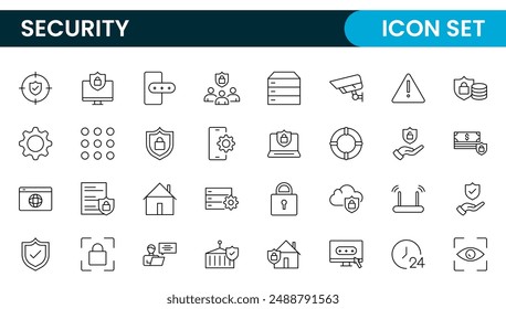 Set of Security web icons in line style. Guard, cyber security, password, smart home, safety, data protection, key, shield, lock, unlock, eye access. Security outline icon set.