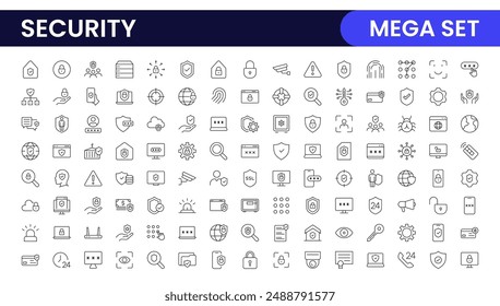 Set of Security web icons in line style. Guard, cyber security, password, smart home, safety, data protection, key, shield, lock, unlock, eye access. Security outline icon set.