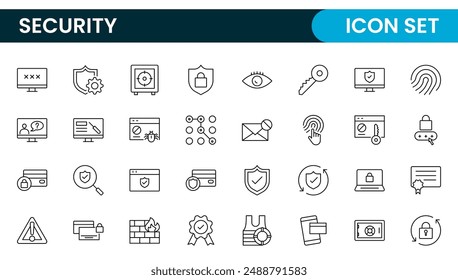 Conjunto de iconos web de seguridad en estilo de línea. Protección, seguridad cibernética, Contraseña, hogar inteligente, seguridad, protección de datos, llave, escudo, bloqueo, desbloqueo, acceso ocular. Conjunto de iconos de esquema de seguridad.