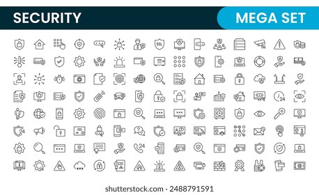 Set of Security web icons in line style. Guard, cyber security, password, smart home, safety, data protection, key, shield, lock, unlock, eye access. Security outline icon set.