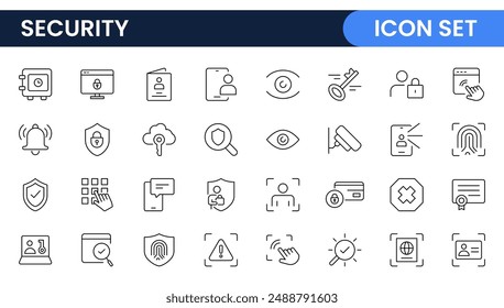 Set of Security web icons in line style. Guard, cyber security, password, smart home, safety, data protection, key, shield, lock, unlock, eye access. Security outline icon set.
