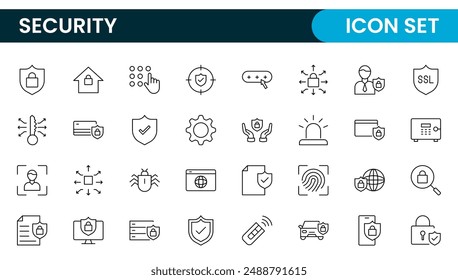 Set of Security web icons in line style. Guard, cyber security, password, smart home, safety, data protection, key, shield, lock, unlock, eye access. Security outline icon set.