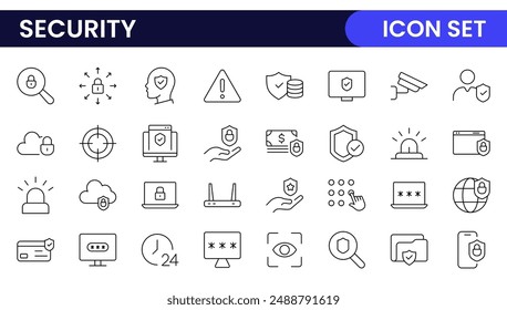 Set of Security web icons in line style. Guard, cyber security, password, smart home, safety, data protection, key, shield, lock, unlock, eye access. Security outline icon set.