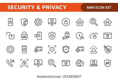 Set of Security web icons in line style. Guard, cyber security, password, smart home, safety, data protection, key, shield, lock, unlock, eye access. Security outline icon set.