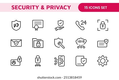 Set of Security web icons in line style. Guard, cyber security, password, smart home, safety, data protection, key, shield, lock, unlock, eye access. Security outline icon set.