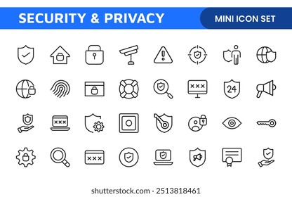 Set of Security web icons in line style. Guard, cyber security, password, smart home, safety, data protection, key, shield, lock, unlock, eye access. Security outline icon set.