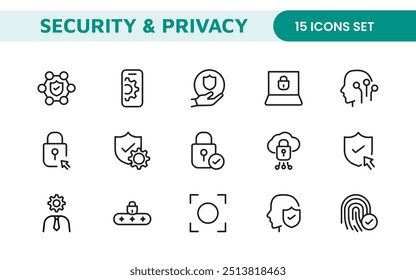 Set of Security web icons in line style. Guard, cyber security, password, smart home, safety, data protection, key, shield, lock, unlock, eye access. Security outline icon set.