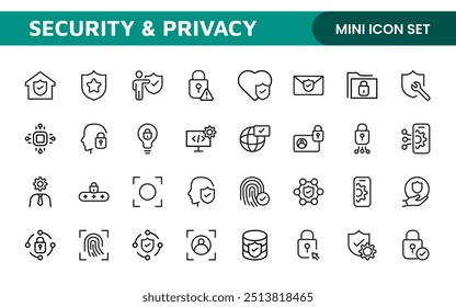 Set of Security web icons in line style. Guard, cyber security, password, smart home, safety, data protection, key, shield, lock, unlock, eye access. Security outline icon set.