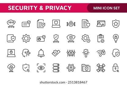 Set of Security web icons in line style. Guard, cyber security, password, smart home, safety, data protection, key, shield, lock, unlock, eye access. Security outline icon set.
