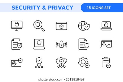 Set of Security web icons in line style. Guard, cyber security, password, smart home, safety, data protection, key, shield, lock, unlock, eye access. Security outline icon set.