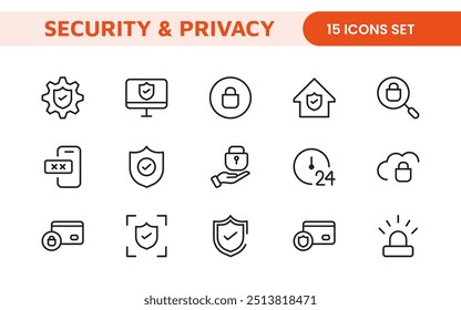 Set of Security web icons in line style. Guard, cyber security, password, smart home, safety, data protection, key, shield, lock, unlock, eye access. Security outline icon set.