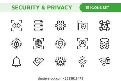 Set of Security web icons in line style. Guard, cyber security, password, smart home, safety, data protection, key, shield, lock, unlock, eye access. Security outline icon set.