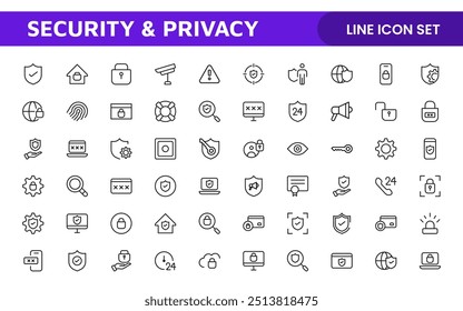 Set of Security web icons in line style. Guard, cyber security, password, smart home, safety, data protection, key, shield, lock, unlock, eye access. Security outline icon set.