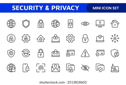 Set of Security web icons in line style. Guard, cyber security, password, smart home, safety, data protection, key, shield, lock, unlock, eye access. Security outline icon set.