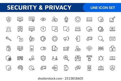 Set of Security web icons in line style. Guard, cyber security, password, smart home, safety, data protection, key, shield, lock, unlock, eye access. Security outline icon set.