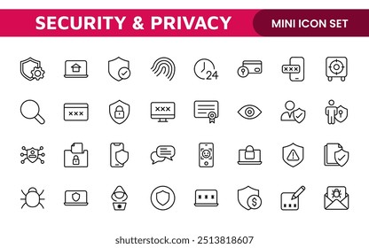 Set of Security web icons in line style. Guard, cyber security, password, smart home, safety, data protection, key, shield, lock, unlock, eye access. Security outline icon set.