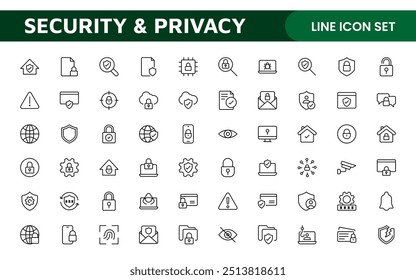 Set of Security web icons in line style. Guard, cyber security, password, smart home, safety, data protection, key, shield, lock, unlock, eye access. Security outline icon set.