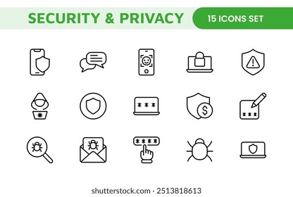 Set of Security web icons in line style. Guard, cyber security, password, smart home, safety, data protection, key, shield, lock, unlock, eye access. Security outline icon set.