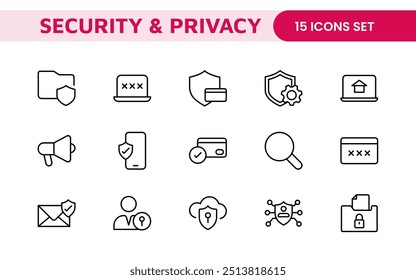 Set of Security web icons in line style. Guard, cyber security, password, smart home, safety, data protection, key, shield, lock, unlock, eye access. Security outline icon set.