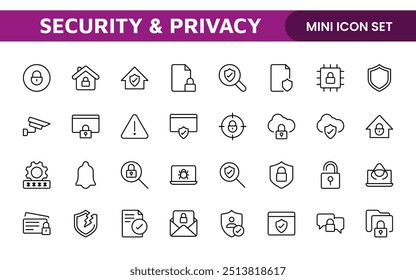 Set of Security web icons in line style. Guard, cyber security, password, smart home, safety, data protection, key, shield, lock, unlock, eye access. Security outline icon set.