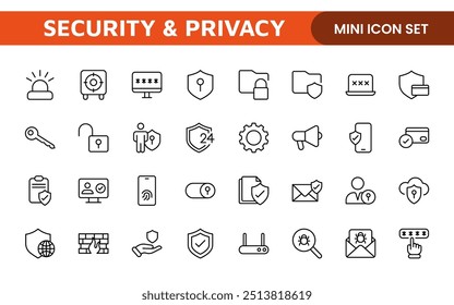 Set of Security web icons in line style. Guard, cyber security, password, smart home, safety, data protection, key, shield, lock, unlock, eye access. Security outline icon set.