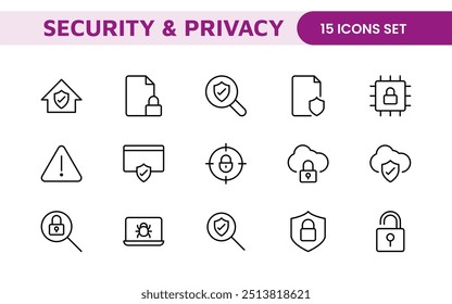 Set of Security web icons in line style. Guard, cyber security, password, smart home, safety, data protection, key, shield, lock, unlock, eye access. Security outline icon set.