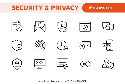 Set of Security web icons in line style. Guard, cyber security, password, smart home, safety, data protection, key, shield, lock, unlock, eye access. Security outline icon set.