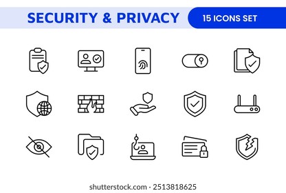 Set of Security web icons in line style. Guard, cyber security, password, smart home, safety, data protection, key, shield, lock, unlock, eye access. Security outline icon set.
