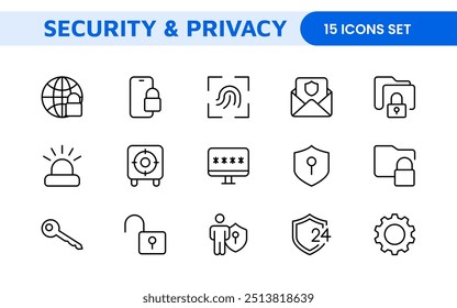 Set of Security web icons in line style. Guard, cyber security, password, smart home, safety, data protection, key, shield, lock, unlock, eye access. Security outline icon set.
